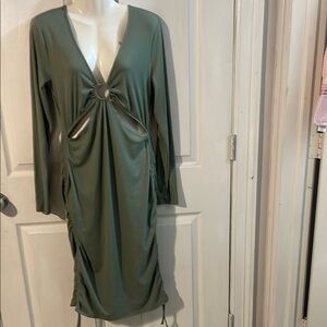 Elegant Long Sleeve Olive Dress with Ring Accent
